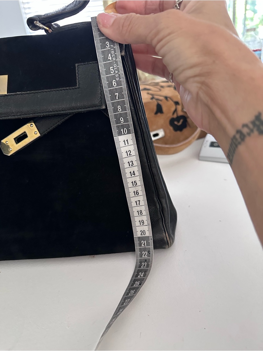 VTG Saks Fifth Avenue Paris Black Leather & Suede Kelly Bag Gold Hardware France - Picture 14 of 15